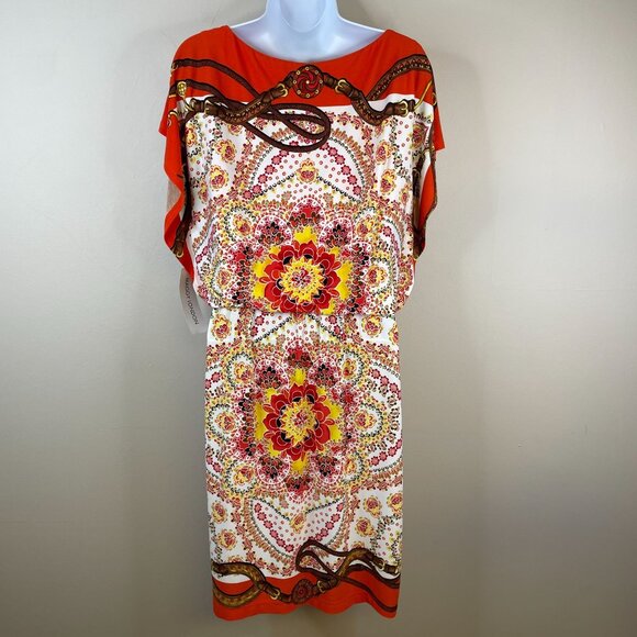 Vintage Womens Baroque Equestrian Chain Print Dress NWT Sz 8 Orange Flowy Knit - Picture 8 of 12